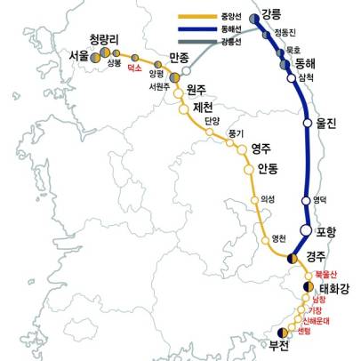 중앙선·동해선·강릉선 노선도. 부산시청 제공.