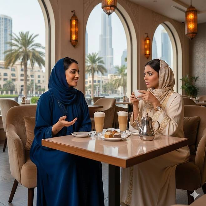 두바이 카페에서 현지인이 커피 마시며 대화하는 모습/ 사진=제미나이