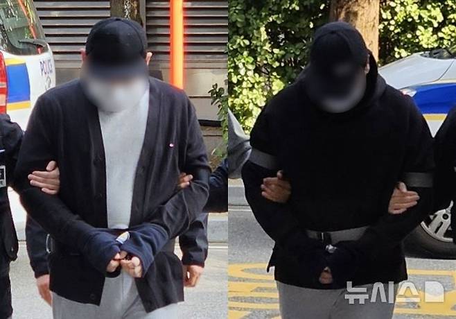 [인천=뉴시스] 이루비 기자 = 인천 송도국제도시 아파트 지하주차장에서 게임 유튜버 '수탉'을 납치해 살해하려 한 혐의를 받는 남성 2명이 29일 오후 인천 미추홀구 인천지법에서 열린 구속 전 피의자 심문(영장실질심사)에 출석하고 있다. 2025.10.29. ruby@newsis.com