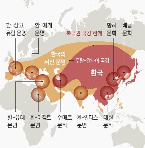 환단고기 서적에 등장하는 '환국'의 영토. 세계 문명의 시원이 된 것으로 묘사했다. /그래픽=조선디자인랩 권혜인