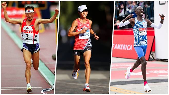 이봉주가 2000년 2월 13일 도쿄국제마라톤대회에서 2위로 골인하고 있다(맨왼쪽),지난 7일 스페인 발렌시아 마라톤에서 2시간 4분 55초로 일본 신기록을 세운 오사코 스루구(가운데), 지난 2023년 미국 시카고마라톤에서 2시간 0분 35초로 세계 신기록을 세운 케냐 켈빈 킵툼(오른쪽)/ 마이니치신문, 로이터 연합뉴스