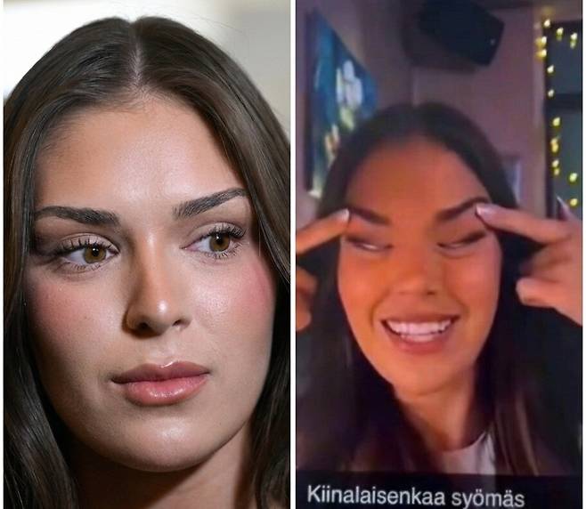 11일(현지시각) 핀란드 헬싱키에서 열린 기자 회견에 참석한 사라 자프체(왼쪽)의 모습과 자프체가 인종차별 제스처를 하는 사진(오른쪽). AP 연합뉴스, X