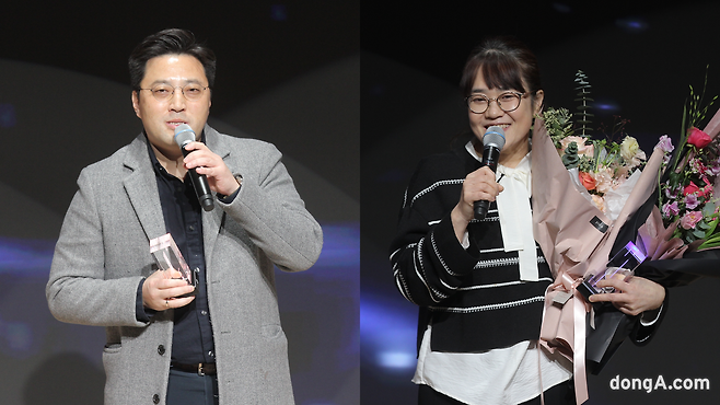 ‘신병’의 민진기 감독(왼쪽)과 ‘한 번 다녀왔습니다’, ‘일타 스캔들’, ‘백 번의 추억’의 양희승 작가(오른쪽)가 수상하고 있다. 김영호 기자=rladudgh2349@donga.com