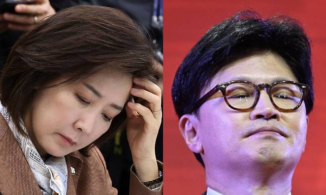 국민의힘 나경원 의원(왼쪽)과 한동훈 전 대표(오른쪽). 연합뉴스, 공동취재사진