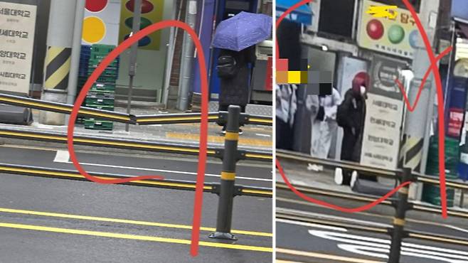 도로 중앙에 설치된 안전난간을 파손한 뒤 시시덕거리며 인증 사진을 촬영한 촉법소년들이 경찰에 붙잡혔다. /사진=온라인 커뮤니티 보배드림 갈무리