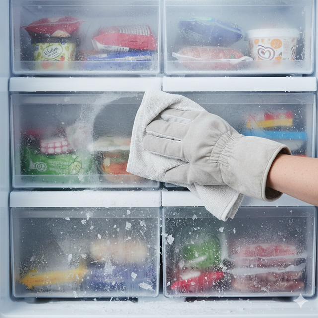 성에는 냉동실 내부를 물을 살짝 적신 행주로 닦아낸 뒤, 마른 수건으로 물기를 한 번 더 제거하는 것이 안전하다. 사진은 기사의 특정 사실과 관련 없음. 제미나이