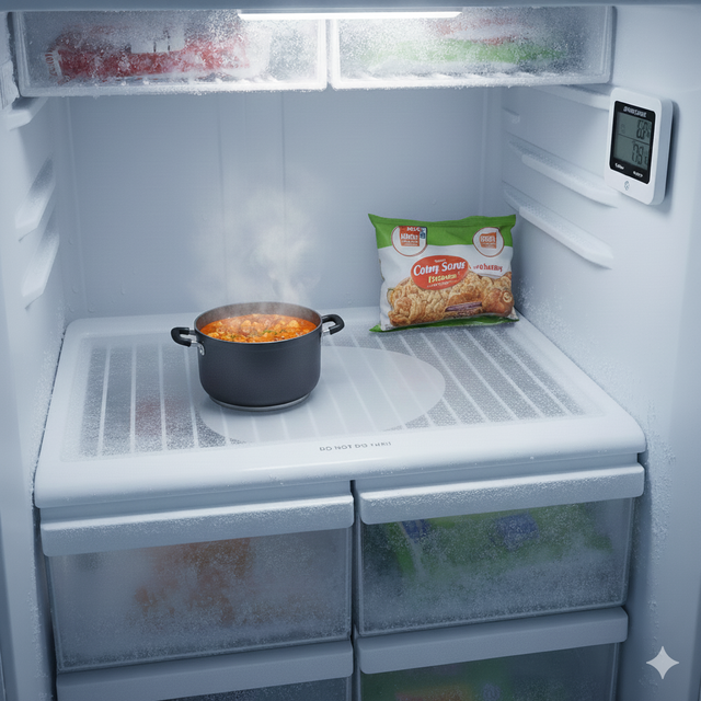 뜨거운 음식은 반드시 상온에서 어느 정도 식힌 후 냉동실에 넣어야 성에가 생기지 않는다. 사진은 기사의 특정 사실과 관련 없음. 제미나이