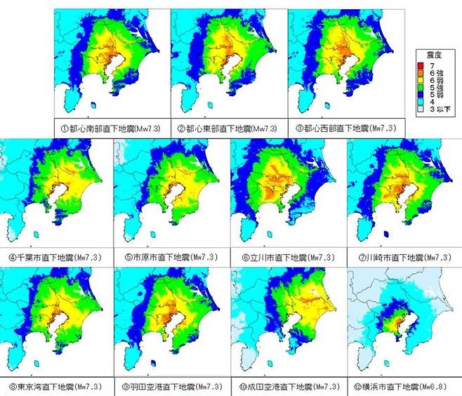 일본 내각부 중앙방재회의 전문가그룹이 19일 공표한 '수도직하지진' 피해 예상 및 대책 보고서에 나온 '수도직하지진' 유형 예상도. /일본 내각부