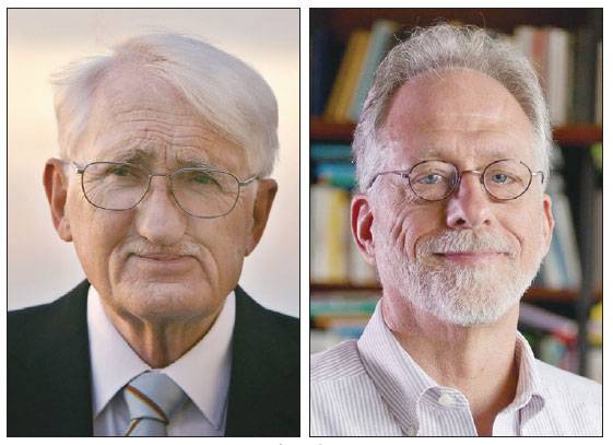독일의 철학자 위르겐 하버마스(왼쪽)와 마이클 토마셀로. 하버마스는 자신이 평생 주장해왔던 ‘의사소통적 합리성’의 진화생물학적 증거를 토마셀로의 ‘가리키기’에서 찾았다.<BR>