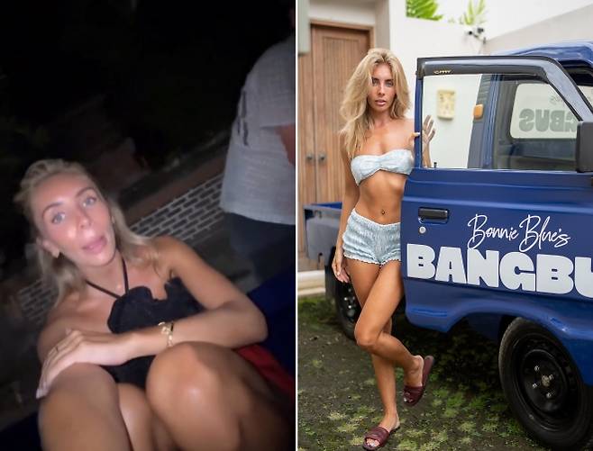 영국의 성인물 배우 보니 블루(26)가 인도네시아 발리에서 외국인들을 동원해 음란물을 제작하려 한 혐의로 체포됐다. 사진은 보니 블루가 ‘뱅 버스’라 이름 붙인 픽업트럭 짐칸에 올라 있는 모습(왼쪽)과 픽업트럭 옆에서 포즈를 취하고 있는 모습(오른쪽). 보니 블루 인스타그램 캡처
