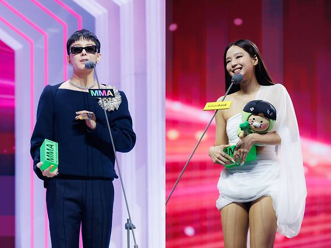 그룹 빅뱅 지드래곤(왼쪽)과 블랙핑크 제니. 사진제공|MMA 2025