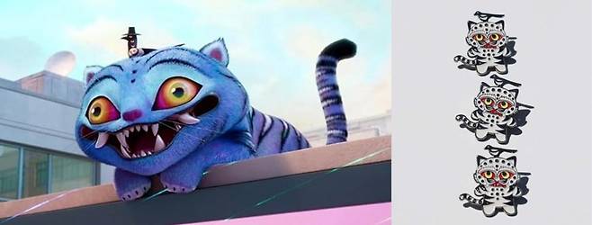 [좌] 넷플릭스 애니메이션 영화 <케이팝 데몬 헌터스> 스틸컷 / 사진출처. IMDb,  [우] 국립중앙박물관 뮷즈 '까치 호랑이 배지' / 사진출처. 국립박물관문화재단 뮤지엄숍