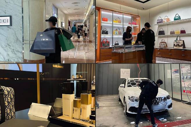 사기 혐의 등으로 법정구속된 장모(31)씨가 구속되기 전 백화점에서 명품 쇼핑을 하는 모습(좌우상단), 명품 브랜드 행사에 초청받아 참석한 모습(좌하단), 외제차를 청소하는 모습(우하단). 장모씨 인스타그램 캡처