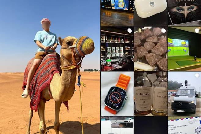 '티어원' 사기 사건으로 검찰 수사를 받고 있는 피의자 이모(44)씨가 수사 중 아랍에미리트 두바이로 여행을 간 모습(왼쪽), 고급 양주를 마시는 등 이씨의 일상이 올라온 SNS(오른쪽). 독자 제공