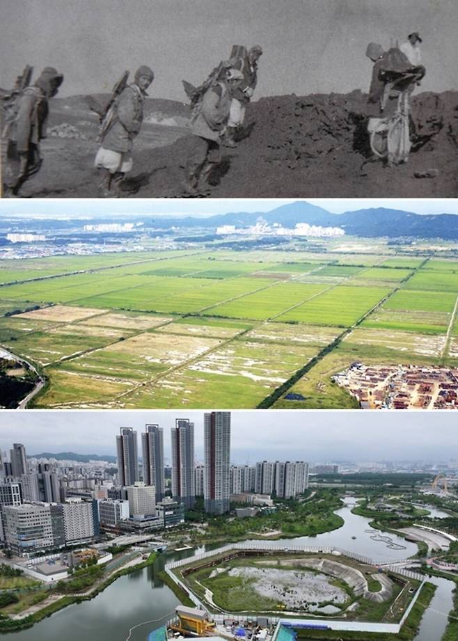▲ 1. 1960년대 말 청라공유수면 매립공사 현장에서 자조 근로자들이 지게로 돌을 옮겨 바다를 메우고 있다. /인천일보DB 2. 1990년대 말 동아건설산업에 의해 농경지로 조성된 청라 매립지가 경제자유구역으로 본격적인 개발을 앞두고 있다. /인천일보DB 3. 청라 호수공원 수로 한 가운데 시티타워가 세워질 터가 배 모양의 울타리로 둘러싸여 있다. /인천일보DB