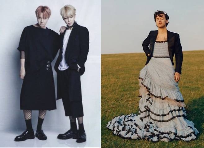 젠더리스룩을 입은 아이돌 BTS 멤버들과 영국 가수 해리 스타일스. 사진=보그