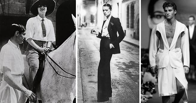 (왼쪽부터) 가브리엘 샤넬과 그녀의 연인 아서 카펠, 생로랑 르스모킹 룩, 장폴고티에 1985년 컬렉션.