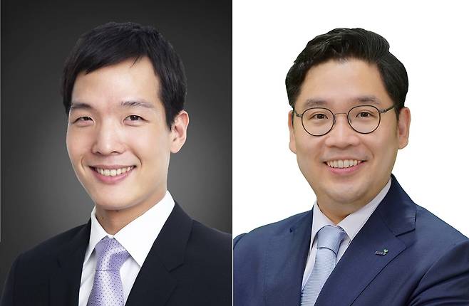 Kim Dong-won (left), president and chief global officer at Hanwha Life, and Shin Joong-ha, managing director for corporate management strategy and artificial intelligence transformation at Kyobo Life. (Courtesy of the companies)