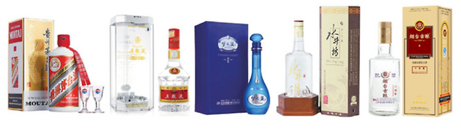 국내서 인기인 바이주 라인. 왼쪽부터 마오타이주, 우량예, 몽지람, 수정방, 연태고량주.