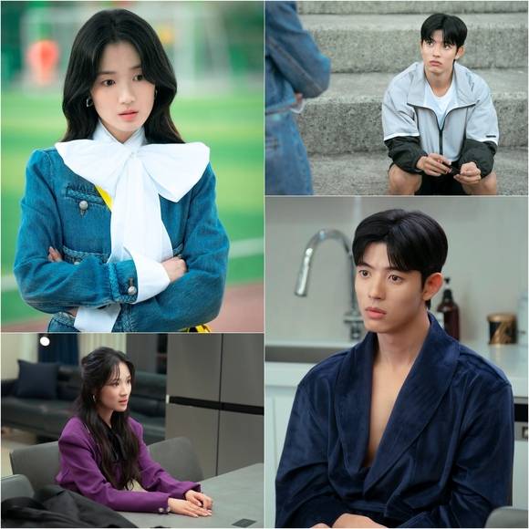 SBS 새 금토드라마 '오늘부터 인간입니다만'의 주인공 배우 김혜윤(맨 위 왼쪽)과 로몬의 투샷 스틸이 공개됐다. /스튜디오S, 빈지웍스