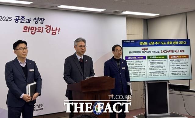 신종우(가운데) 경남도 도시주택국장이 올해 도시주택 분야 정부 공모 사업 선정 관련 브리핑을 하고 있다. /경남도