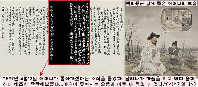 1597년 4월13일 이순신은 백의종군 길에 어머니의 부고를 들었다. 이순신은 하늘이 무너지는 슬픔을 구구절절 표현했다.