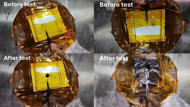 새 전해질을 적용한 배터리의 관통 테스트 결과(왼쪽 위 아래)와 기존 배터리의 관통 테스트 결과(오른쪽 위 아래) 비교. 루이춘 홍콩중문대 교수 제공