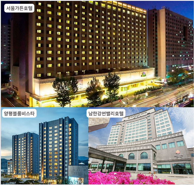 '대왕님표 여주쌀'의 즉석밥 프로모션을 진행하는 서울가든호텔과 양평 블룸비스타 호텔, 여주 남한강 썬밸리 호텔의 전경.