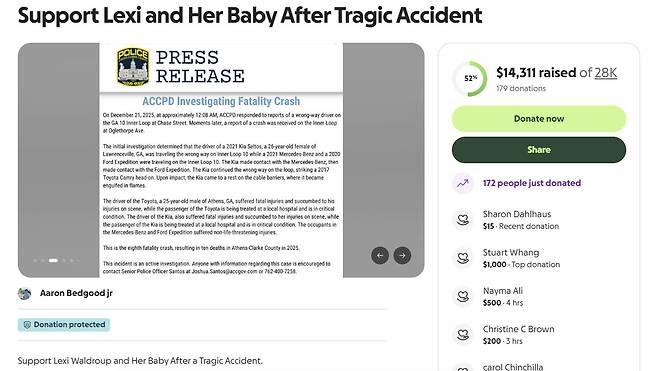 A GoFundMe page raising funds for the medical expenses of for the wife and unborn fetus of a Korean American man who died in a car crash. The wife and fetus subsequently died several days later.[SCREEN CAPTURE]