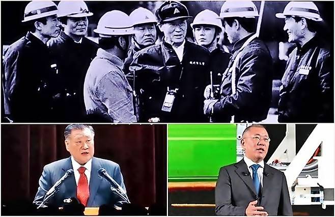 정주영 선대회장(맨위 중간)과 정몽구 명예회장(왼쪽), 정의선 회장 [사진촬영=최기성 매경 디지털뉴스룸 기자, 사진=현대차 제공]