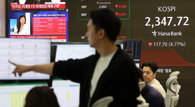 트럼프 미국 대통령의 관세 폭탄과 미·중 무역 갈등을 비롯한 글로벌 경제 불안 요인이 가득했던 올해 국내 증시와 환율을 출렁거렸다. 사진은 올해 첫 매도 사이드카가 발동됐던 지난 4월7일 오전 서울 중구 하나은행 딜링룸. /사진=뉴시스