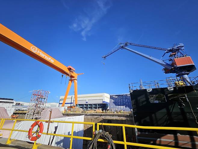 미국 필라델피아 한화필리조선소에서 미국 해사청이 발주한 국가 안보 다목적 선박(NSMV)이 건조되고 있다. 박혜원 기자