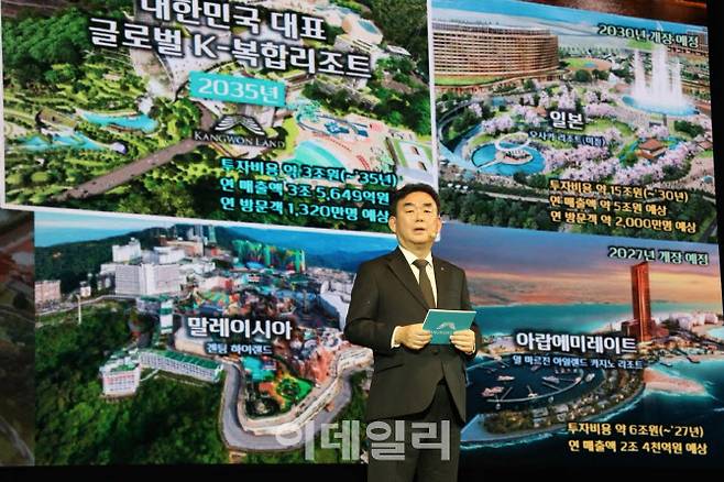 최철규 강원랜드 대표이사 직무대행이 정기 주주총회에서 K-HIT 프로젝트에 대해 프리젠테이션을 하고 있다.(사진=강원랜드)