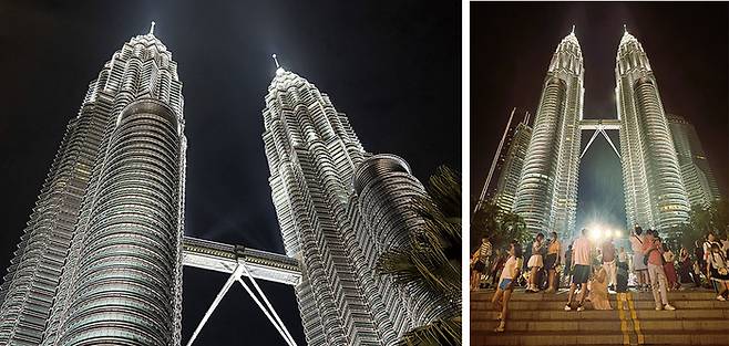 세계에서 가장 높은 쌍둥이 빌딩인 ‘페트로나스 트윈 타워’를 배경으로  인생샷을 찍는 관광객들의 모습