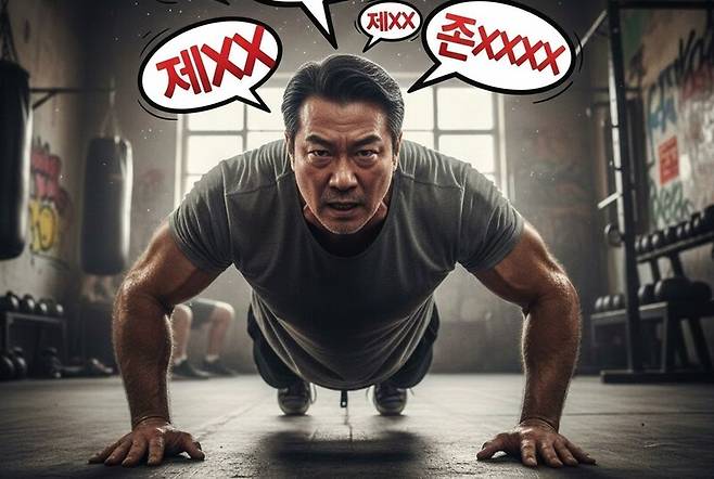 욕설은 집중력과 자신감을 높이고 산만함을 줄여 좀 더 과감하게 도전할 수 있도록 도와주는 것으로 나타났다. 생성형 인공지능 제미나이에 ‘중년 남성이 욕설을 하면서 푸시업을 하는 장면을 그려달라’고 주문해 얻은 그림.