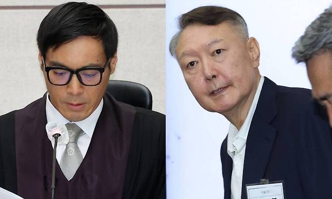 지난 9월26일 서울 서초구 서울중앙지법에서 윤석열 전 대통령의 특수공무집행방해, 직권남용 권리행사방해 등 혐의 재판을 맡은 백대현 부장판사가 자료를 살펴보고 있다.(왼쪽) 오른쪽은 같은 날 해당 재판에 출석한 윤 전 대통령. 사진공동취재단