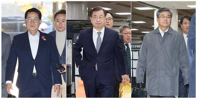 2020년 9월 서해에서 발생한 공무원 피격 사건과 관련해 재판에 넘겨진 박지원 전 국가정보원장(왼쪽부터), 서훈 전 청와대 국가안보실장, 서욱 전 국방부 장관이 26일 모두 무죄 선고를 받았다. 사진은 지난달 5일 서울중앙지법에서 열린 결심 공판에 출석하는 모습. 연합뉴스