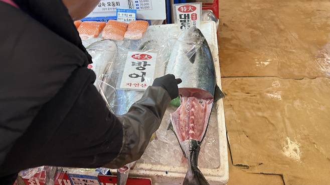 A vendor points to the fattiest part of the yellowtail at Noryangjin Fisheries Wholesale Market on Dec. 22. [WOO JI-WON]