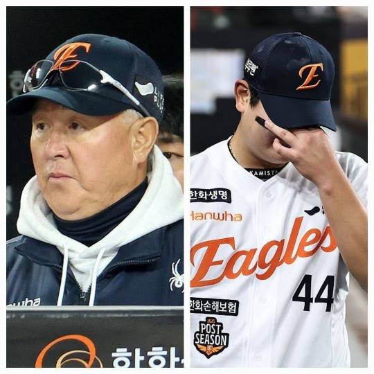 김경문 감독(왼쪽)과 김서현