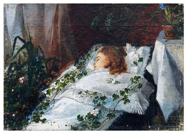 칼 라르손, 영원한 안식, 1878, 캔버스에 유채, 24x34cm, 개인소장. 그림 속 여인은 칼 라르손의 친구이자 첫사랑, 빌헬미나 홀름그렌이었다는 말이 있다.