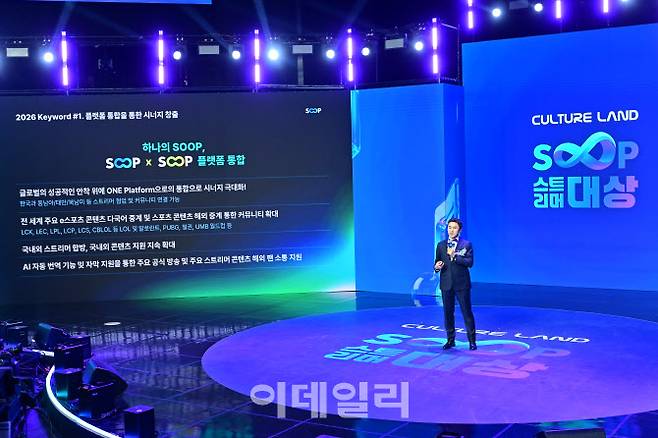 최영우 SOOP 대표가 27일 서울 마포구 SOOP 콜로세움에서 개최한 ‘2025 스트리머 대상’에서 내년 경영 계획을 발표하고 있다.(사진=SOOP)
