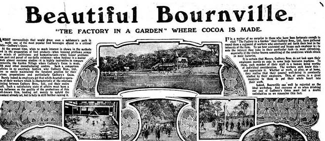 캐드버리 본빌 초콜릿 공장과 숙소를 홍보하는 1880년 영국 신문. 온라인 블로그 캡처