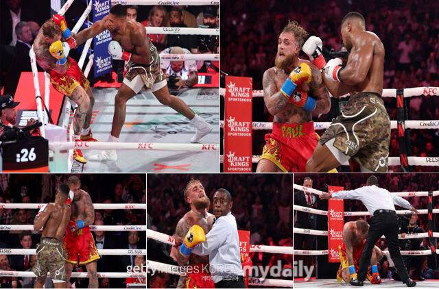 제이크 폴(빨간색 트렁크)이 조슈아와 대결에서 고전하고 있다. /게티이미지코리아