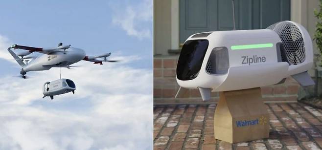 집라인은 드론에 탑재된 소형 드로이드 로봇을 내려보내 착륙하지 않고도 소포를 배송할 수 있다. 비행 중인 드론(왼쪽)과 드로이드의 모습. 집라인