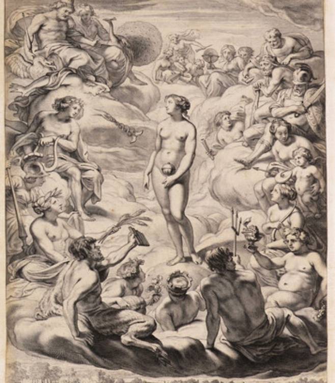 17세기 화가 코르넬리스 블루마르트 2세의 판화. 올림포스의 신들에게 둘러싸여 구경거리가 된 판도라를 표현했다. 사진 출처 산페르난도 왕립미술아카데미