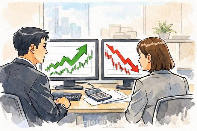 개인 투자자들이 코스피와 코스닥에 대해 엇갈린 온도차를 보이며 상반된 투자 전략을 취하고 있다. ⓒ데일리안 AI 삽화 이미지