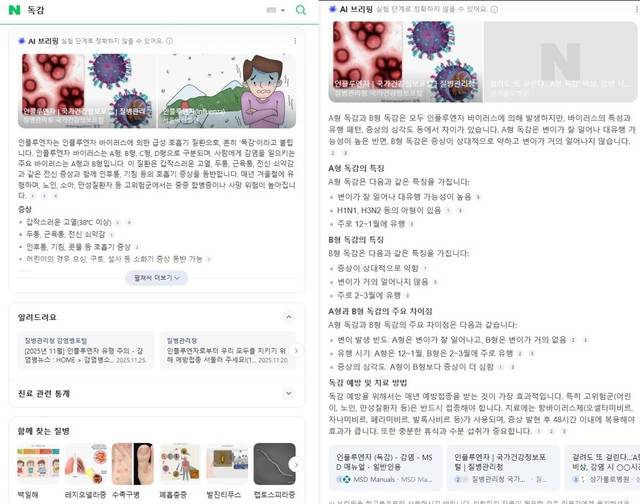 네이버 검색창에 ‘독감’을 검색한 화면. 관련 화면 캡처