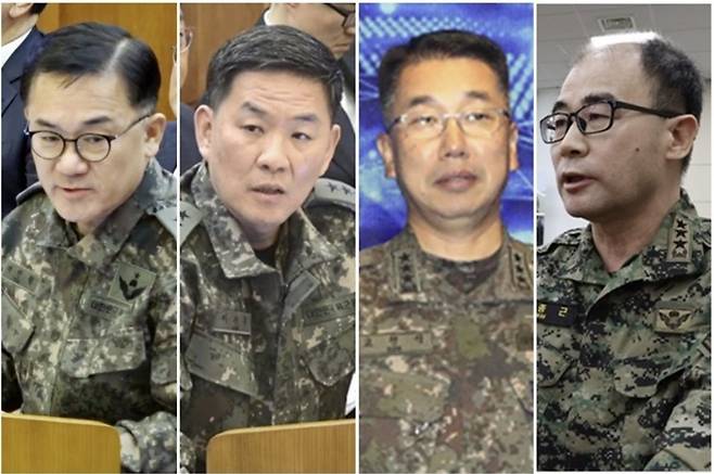 여인형(왼쪽부터) 전 국군방첩사령관, 이진우 전 수방사령관, 고현석 전 육군참모차장, 곽종근 전 특전사령관. 연합뉴스