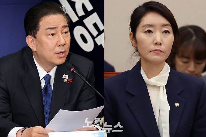 더불어민주당 김병기 원내대표, 더불어민주당 강선우 의원. 박종민, 윤창원 기자