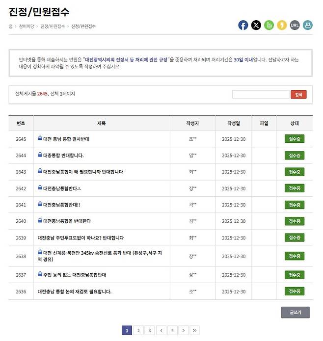 대전·충남 통합 반대 민원 쇄도하는 대전시의회 게시판